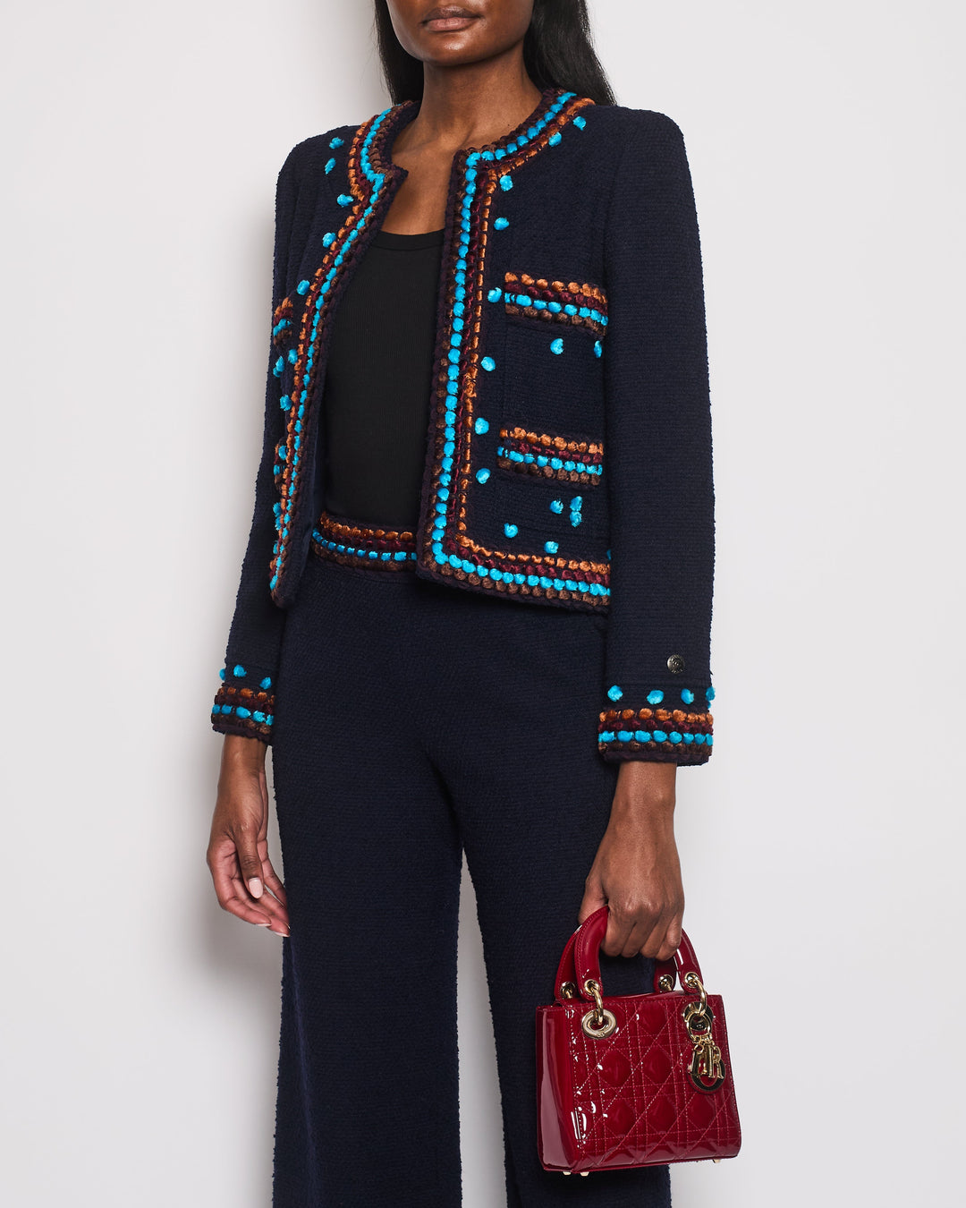 Top Quality Chanel for Bergdorf Newman AW/97 Navy Boucle Cropped Jacket with Matching Trousers Size FR 36 (UK 8)