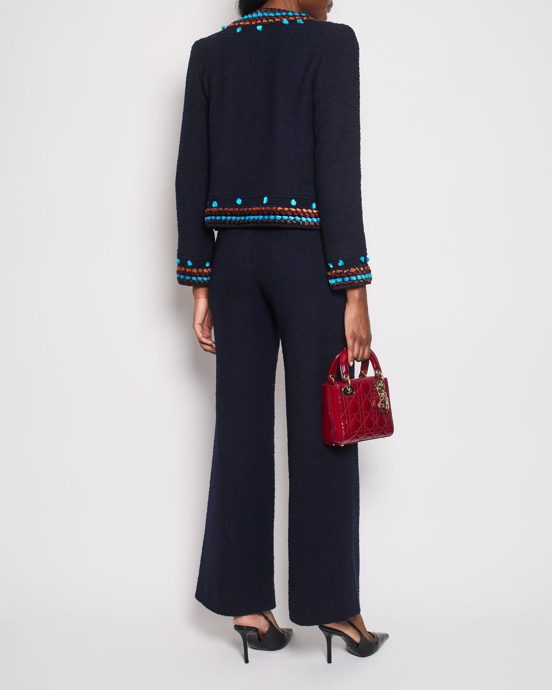 Top Quality Chanel for Bergdorf Newman AW/97 Navy Boucle Cropped Jacket with Matching Trousers Size FR 36 (UK 8)
