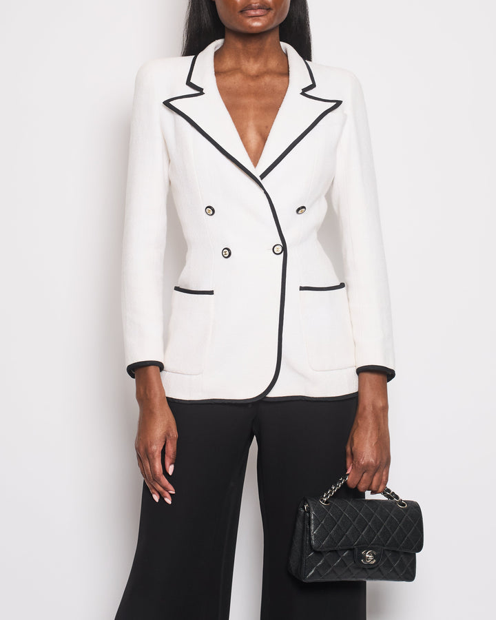Top Quality Chanel 95/P White Double Breasted Blazer with Black Trim Detail Size FR 36 (UK 8)
