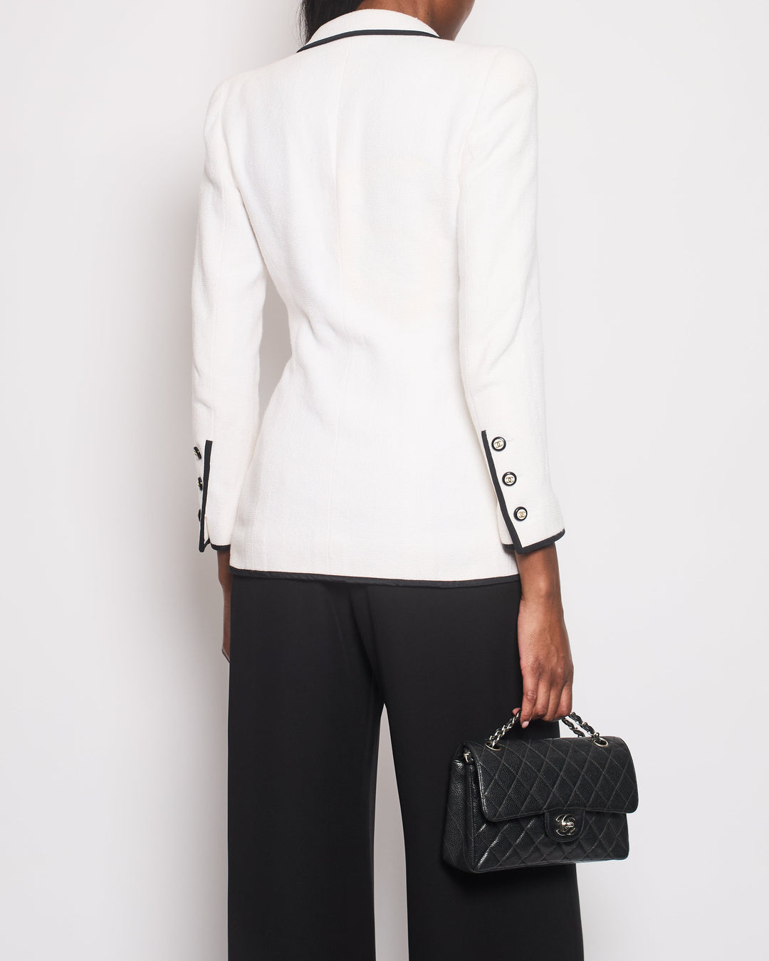 Top Quality Chanel 95/P White Double Breasted Blazer with Black Trim Detail Size FR 36 (UK 8)