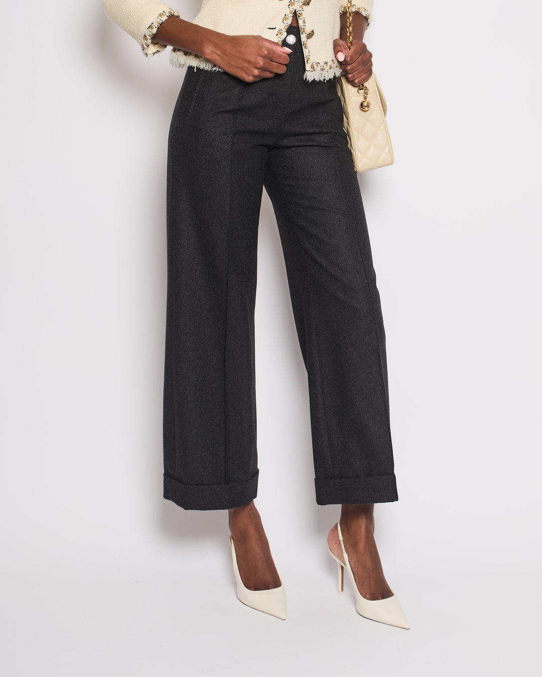 Top Quality Chanel Charcoal High-Waisted Wool Trousers Size FR 34 (UK 6)