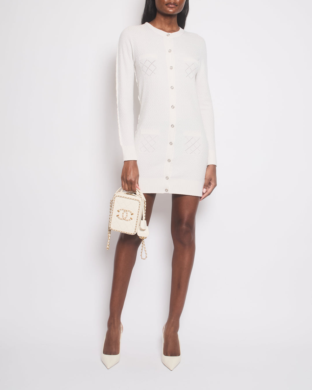 *HOT* Top Quality Chanel 22A Ivory Long-Line Cashmere igan with Crystal CC Buttons Detail Size FR 38 (UK 10)