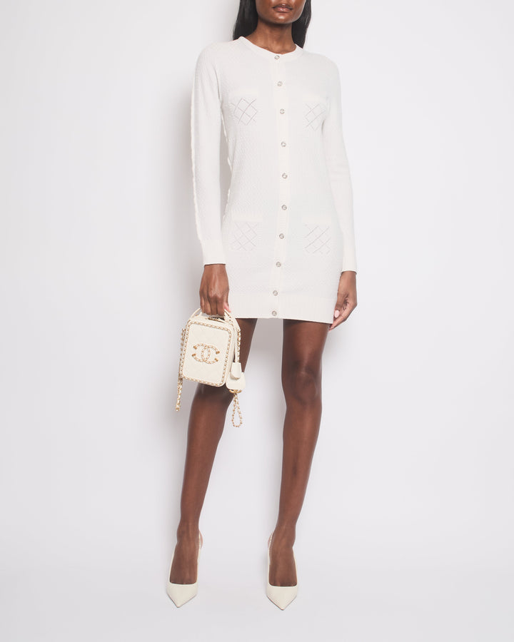 *HOT* Top Quality Chanel 22A Ivory Long-Line Cashmere igan with Crystal CC Buttons Detail Size FR 38 (UK 10)
