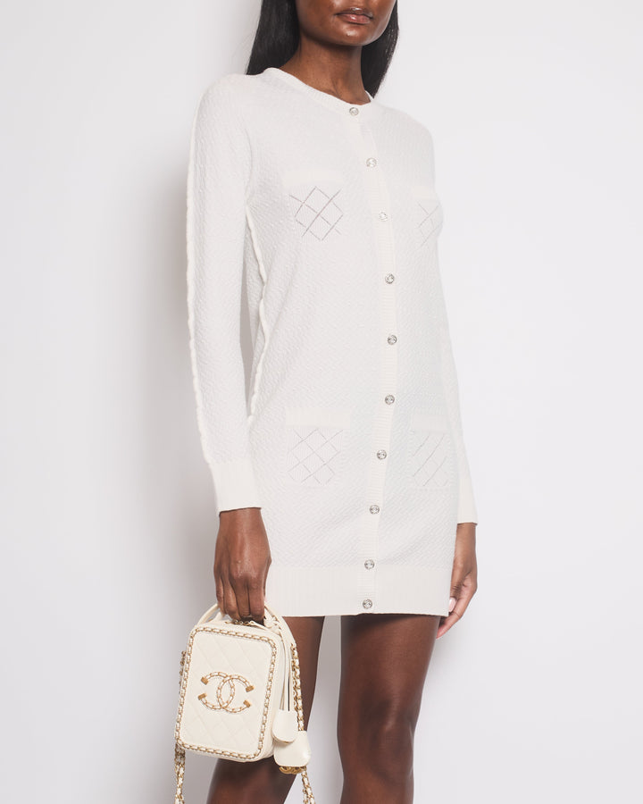 *HOT* Top Quality Chanel 22A Ivory Long-Line Cashmere igan with Crystal CC Buttons Detail Size FR 38 (UK 10)