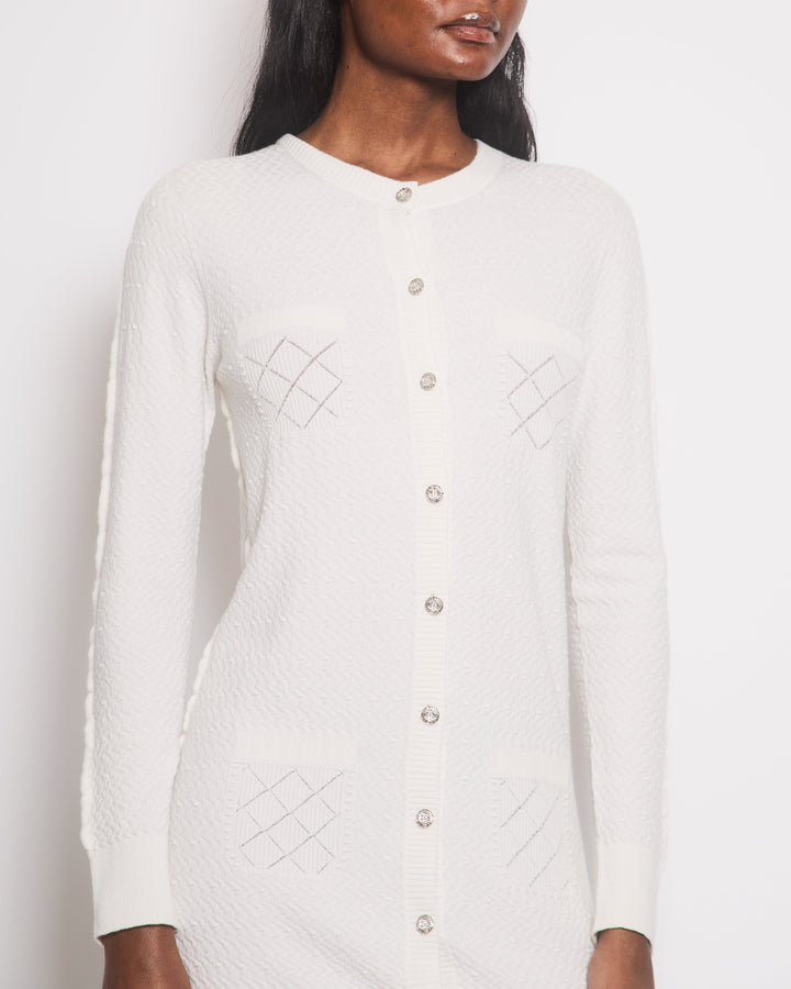 *HOT* Top Quality Chanel 22A Ivory Long-Line Cashmere igan with Crystal CC Buttons Detail Size FR 38 (UK 10)