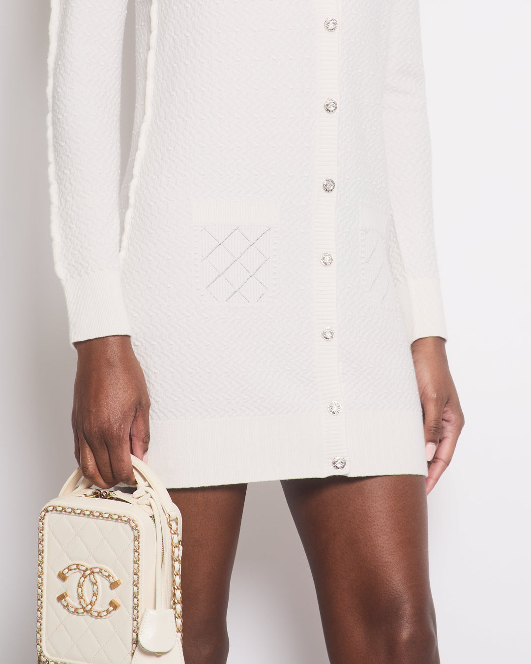 *HOT* Top Quality Chanel 22A Ivory Long-Line Cashmere igan with Crystal CC Buttons Detail Size FR 38 (UK 10)