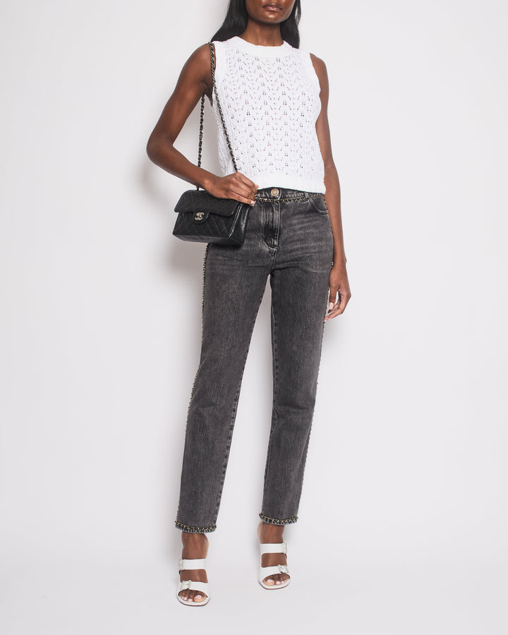 *HOT* Top Quality Chanel 23N Coco Neige Washed Black Printed Straight Leg Jeans with Gold Chain Trim & CC Pocket Details Size FR 36 (UK 8) RRP ¬£3,250