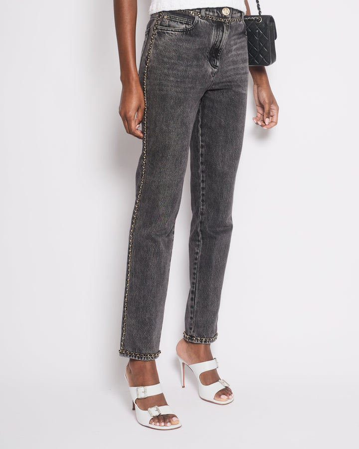 *HOT* Top Quality Chanel 23N Coco Neige Washed Black Printed Straight Leg Jeans with Gold Chain Trim & CC Pocket Details Size FR 36 (UK 8) RRP ¬£3,250