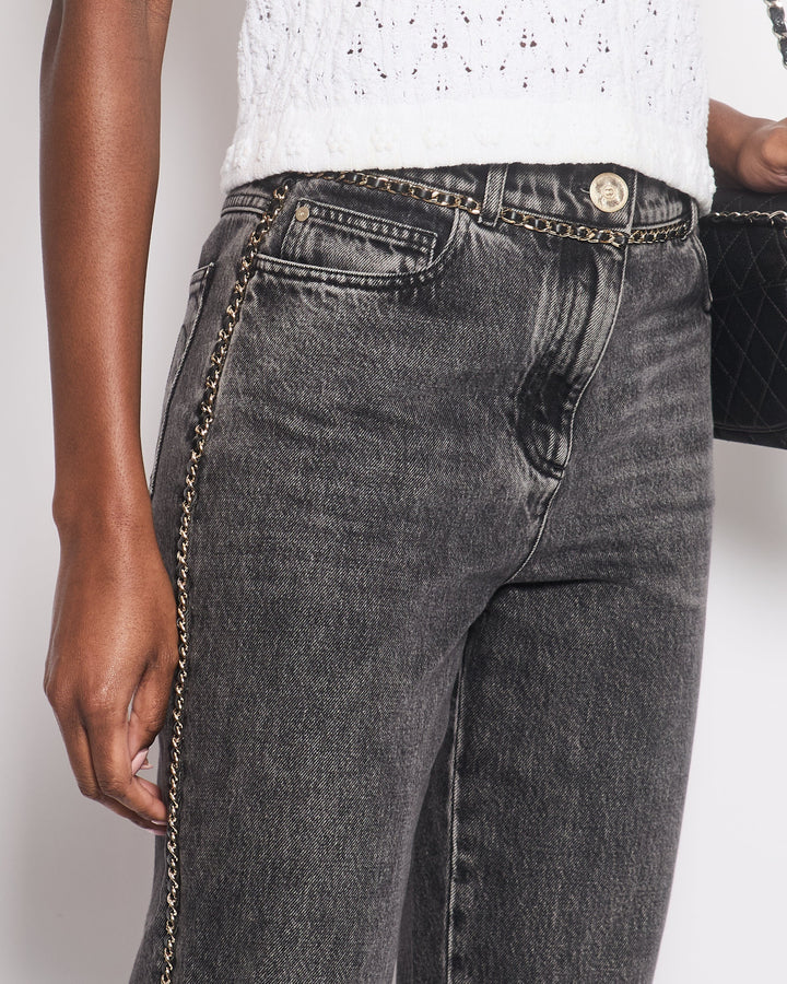 *HOT* Top Quality Chanel 23N Coco Neige Washed Black Printed Straight Leg Jeans with Gold Chain Trim & CC Pocket Details Size FR 36 (UK 8) RRP ¬£3,250
