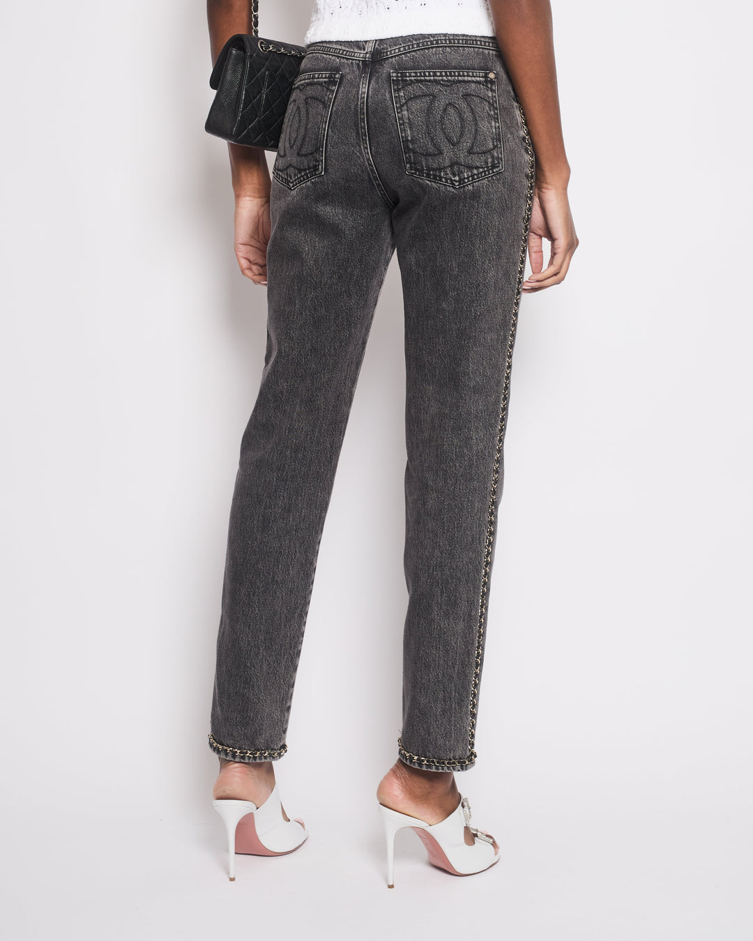 *HOT* Top Quality Chanel 23N Coco Neige Washed Black Printed Straight Leg Jeans with Gold Chain Trim & CC Pocket Details Size FR 36 (UK 8) RRP ¬£3,250