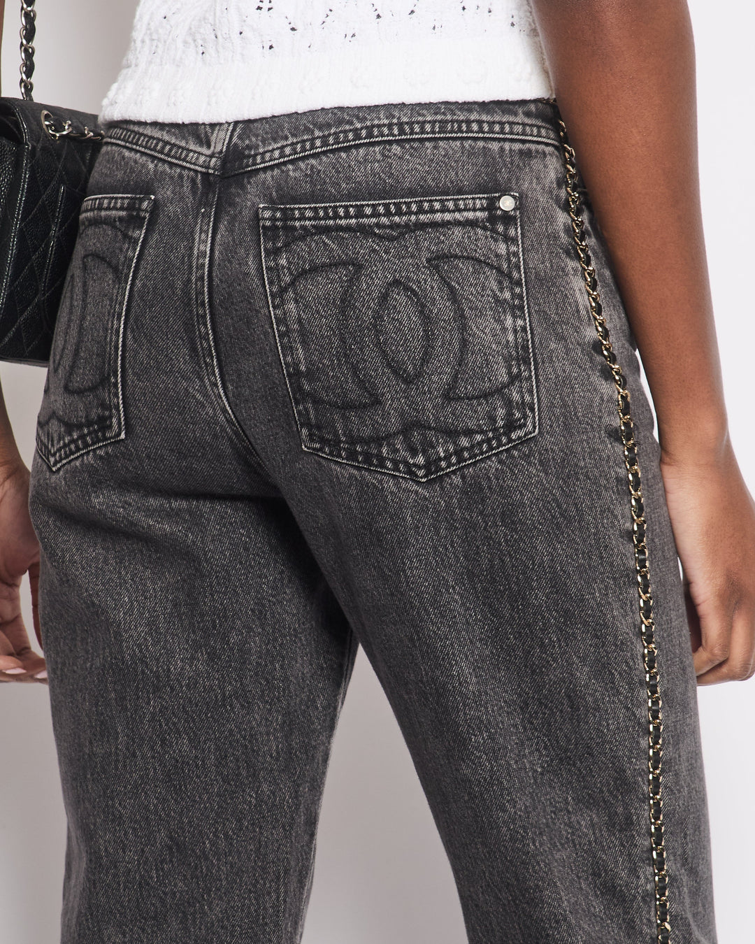 *HOT* Top Quality Chanel 23N Coco Neige Washed Black Printed Straight Leg Jeans with Gold Chain Trim & CC Pocket Details Size FR 36 (UK 8) RRP ¬£3,250