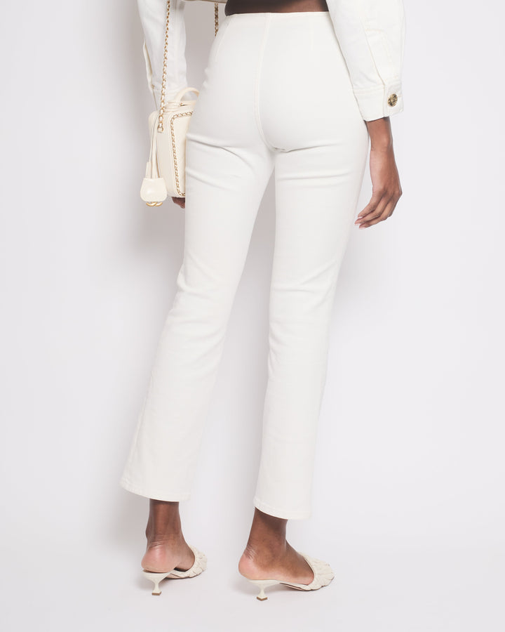Top Quality Chanel 24P White Denim Straight Leg Jeans with Pockets and Cut Out Floral Embroidery Size FR 36 (UK 8) RRP ¬£2750