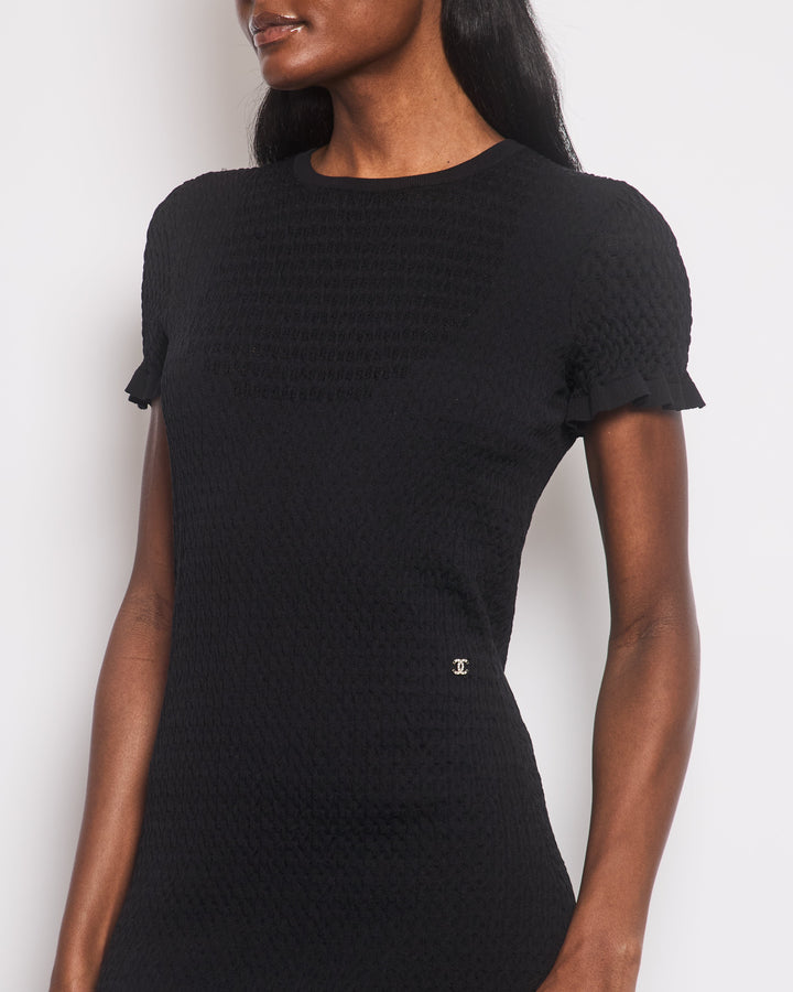 Top Quality Chanel Black Short Sleeve Knitted Dress with Crystal CC Logo and Ruffle Hem Details Size FR 36 (UK 8)