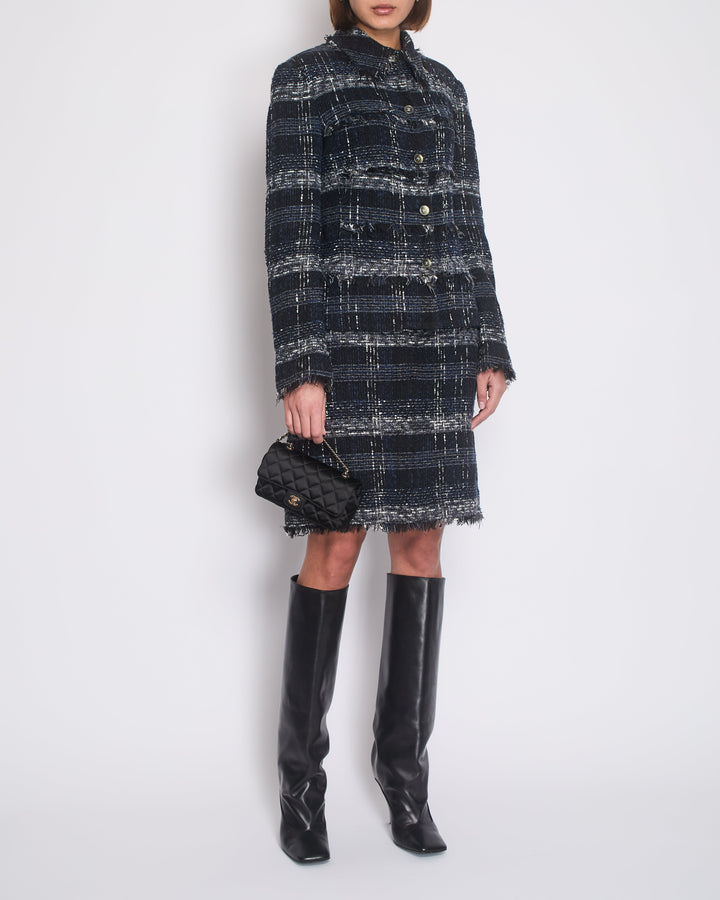 Top Quality Chanel 05/P Navy, Black and Grey Checked Tweed Jacket and Skirt Set with Frills and CC Button Details Size FR 44 (UK 16)