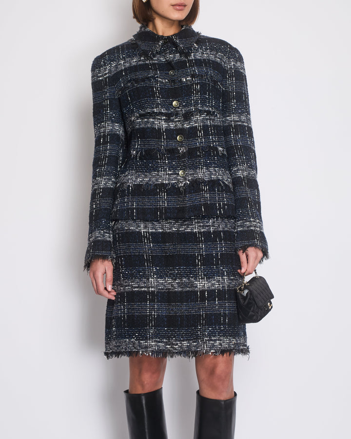 Top Quality Chanel 05/P Navy, Black and Grey Checked Tweed Jacket and Skirt Set with Frills and CC Button Details Size FR 44 (UK 16)