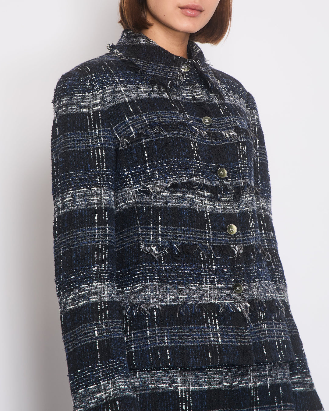 Top Quality Chanel 05/P Navy, Black and Grey Checked Tweed Jacket and Skirt Set with Frills and CC Button Details Size FR 44 (UK 16)