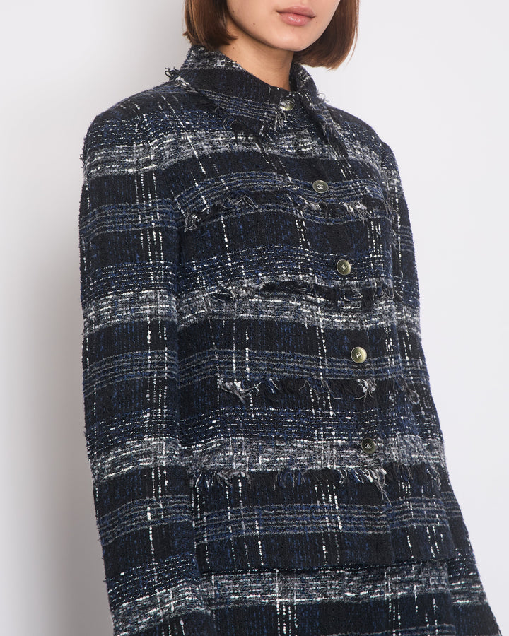 Top Quality Chanel 05/P Navy, Black and Grey Checked Tweed Jacket and Skirt Set with Frills and CC Button Details Size FR 44 (UK 16)