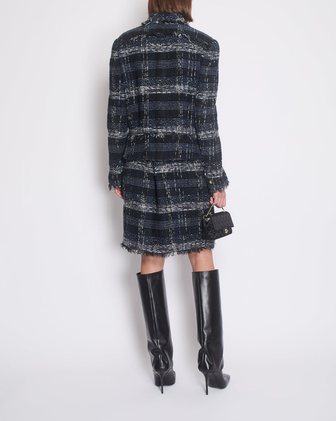 Top Quality Chanel 05/P Navy, Black and Grey Checked Tweed Jacket and Skirt Set with Frills and CC Button Details Size FR 44 (UK 16)
