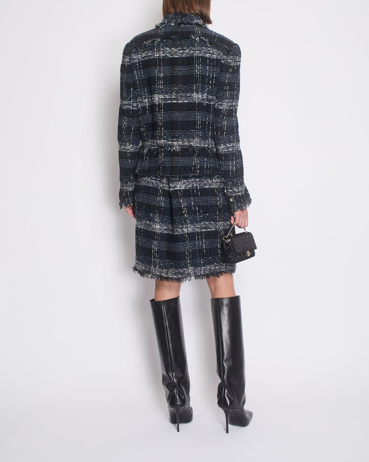 Top Quality Chanel 05/P Navy, Black and Grey Checked Tweed Jacket and Skirt Set with Frills and CC Button Details Size FR 44 (UK 16)