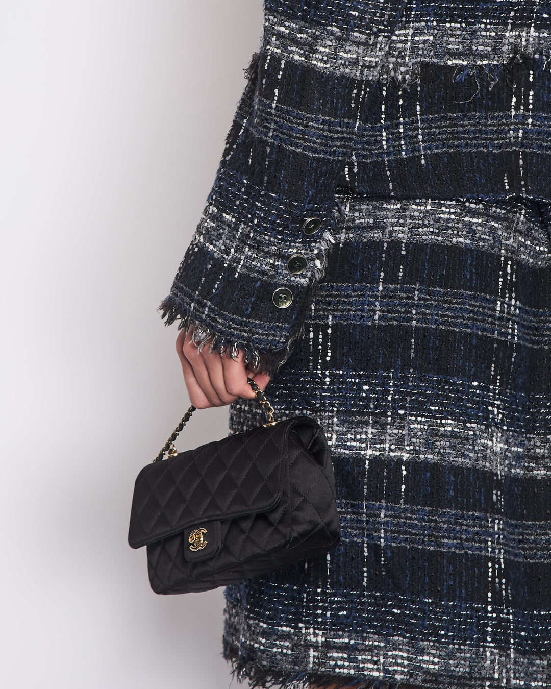 Top Quality Chanel 05/P Navy, Black and Grey Checked Tweed Jacket and Skirt Set with Frills and CC Button Details Size FR 44 (UK 16)