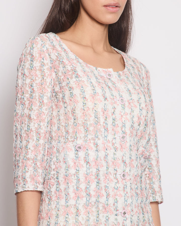 Top Quality Chanel 23C Pink & White 3/4 Sleeve Dress with Floral Lace Detail & Crystal Buttons Size FR 34 (UK 6) RRP ¬£5700