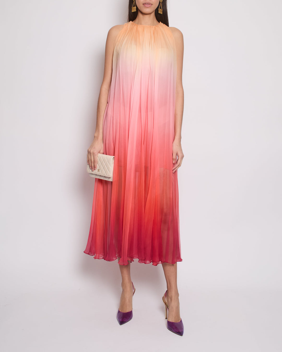 Top Quality Chanel 20A Ombre Pink, Peach and Orange Silk Pleated Sleeveless Midi Dress Size FR 34 (UK 6) RRP ¬£5,500