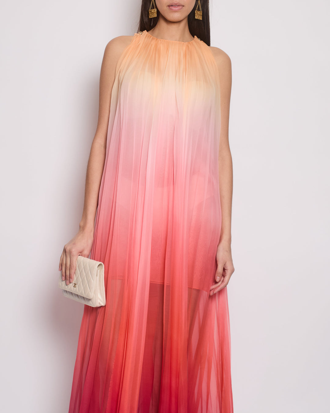 Top Quality Chanel 20A Ombre Pink, Peach and Orange Silk Pleated Sleeveless Midi Dress Size FR 34 (UK 6) RRP ¬£5,500