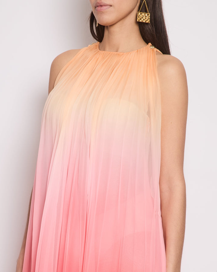 Top Quality Chanel 20A Ombre Pink, Peach and Orange Silk Pleated Sleeveless Midi Dress Size FR 34 (UK 6) RRP ¬£5,500