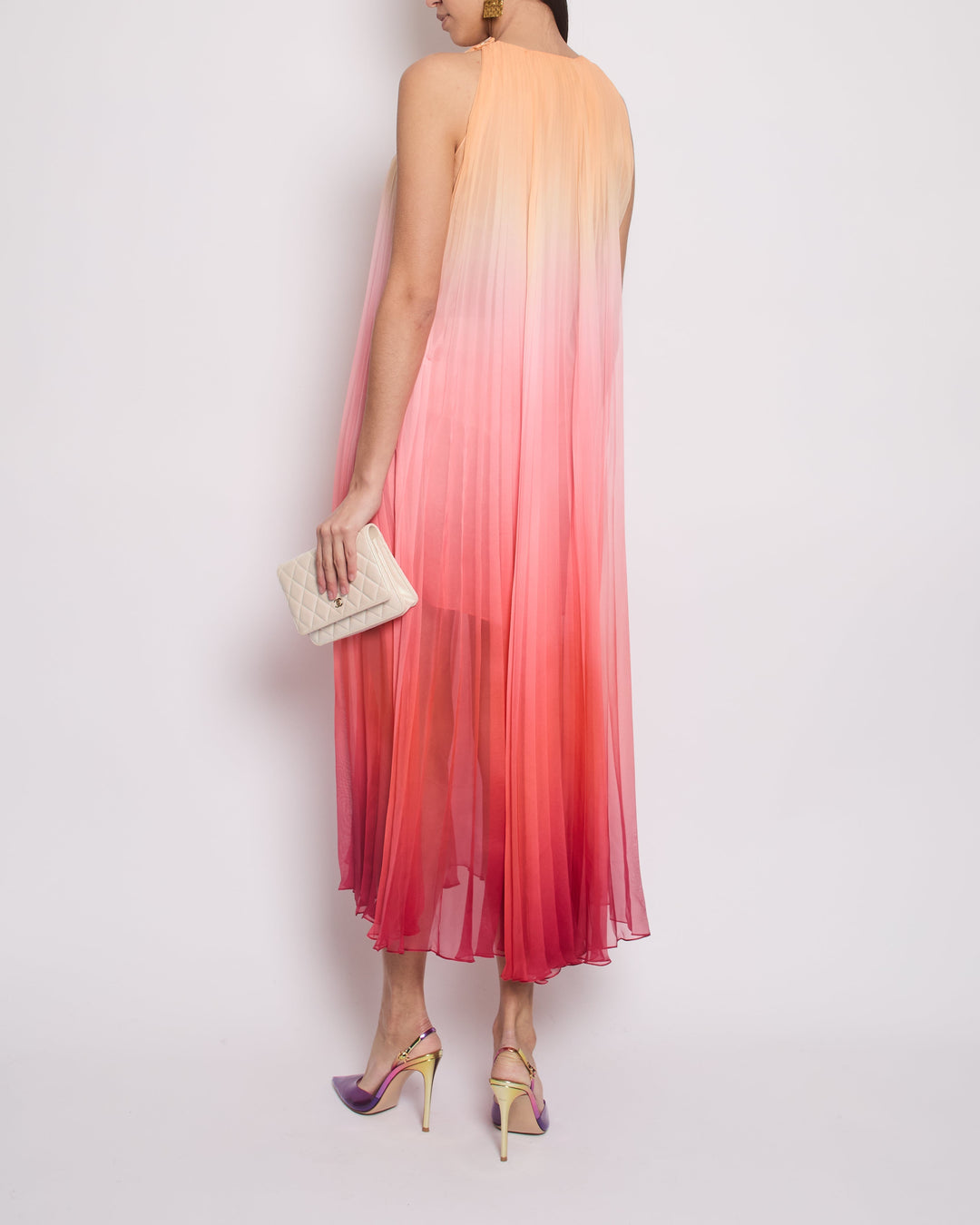 Top Quality Chanel 20A Ombre Pink, Peach and Orange Silk Pleated Sleeveless Midi Dress Size FR 34 (UK 6) RRP ¬£5,500