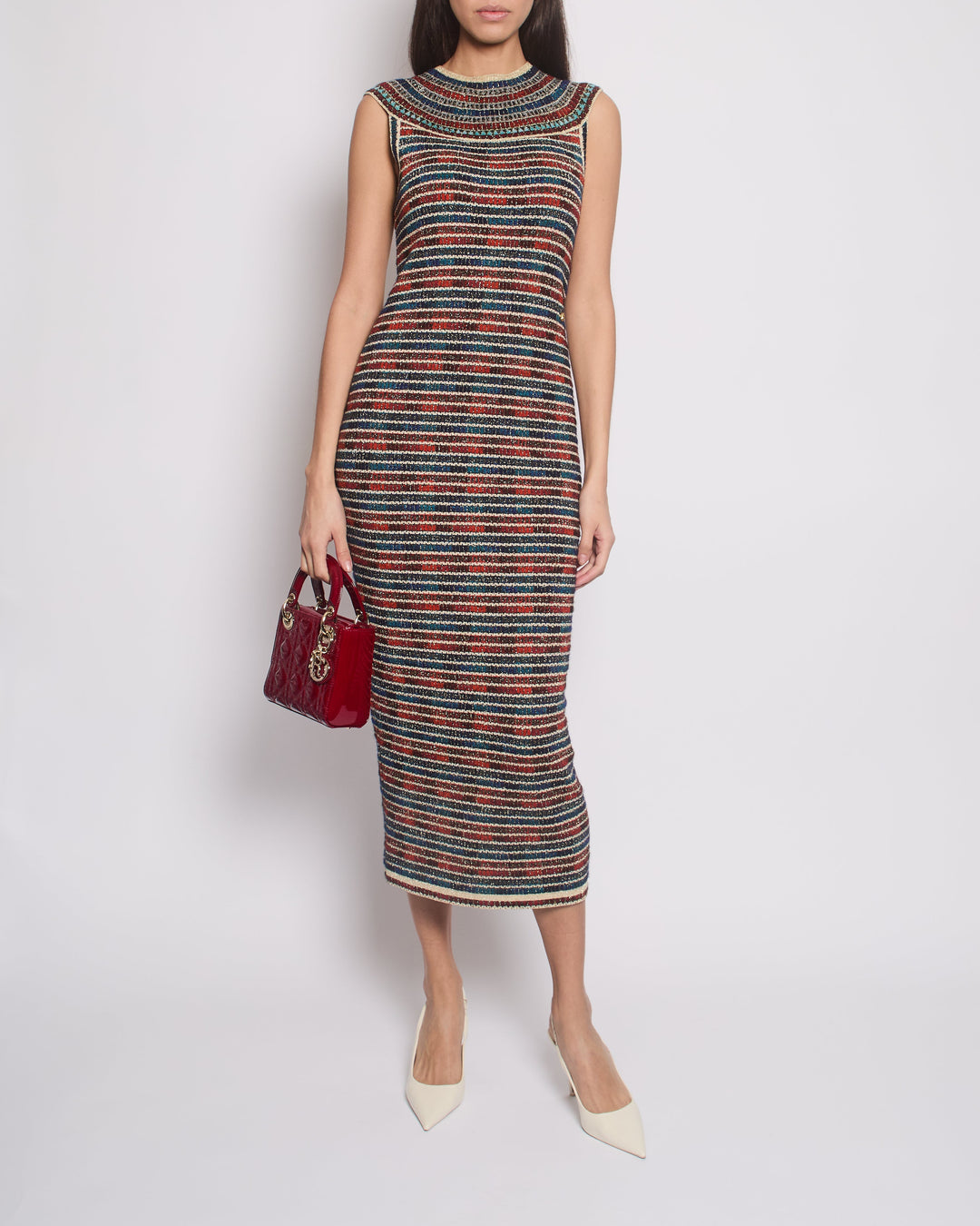 *RARE* Top Quality Chanel 19A Egypt Collection Metallic Gold, Red and Blue Sleeveless Knitted Midi Dress Size FR 34 (UK 6) RRP ¬£2,150