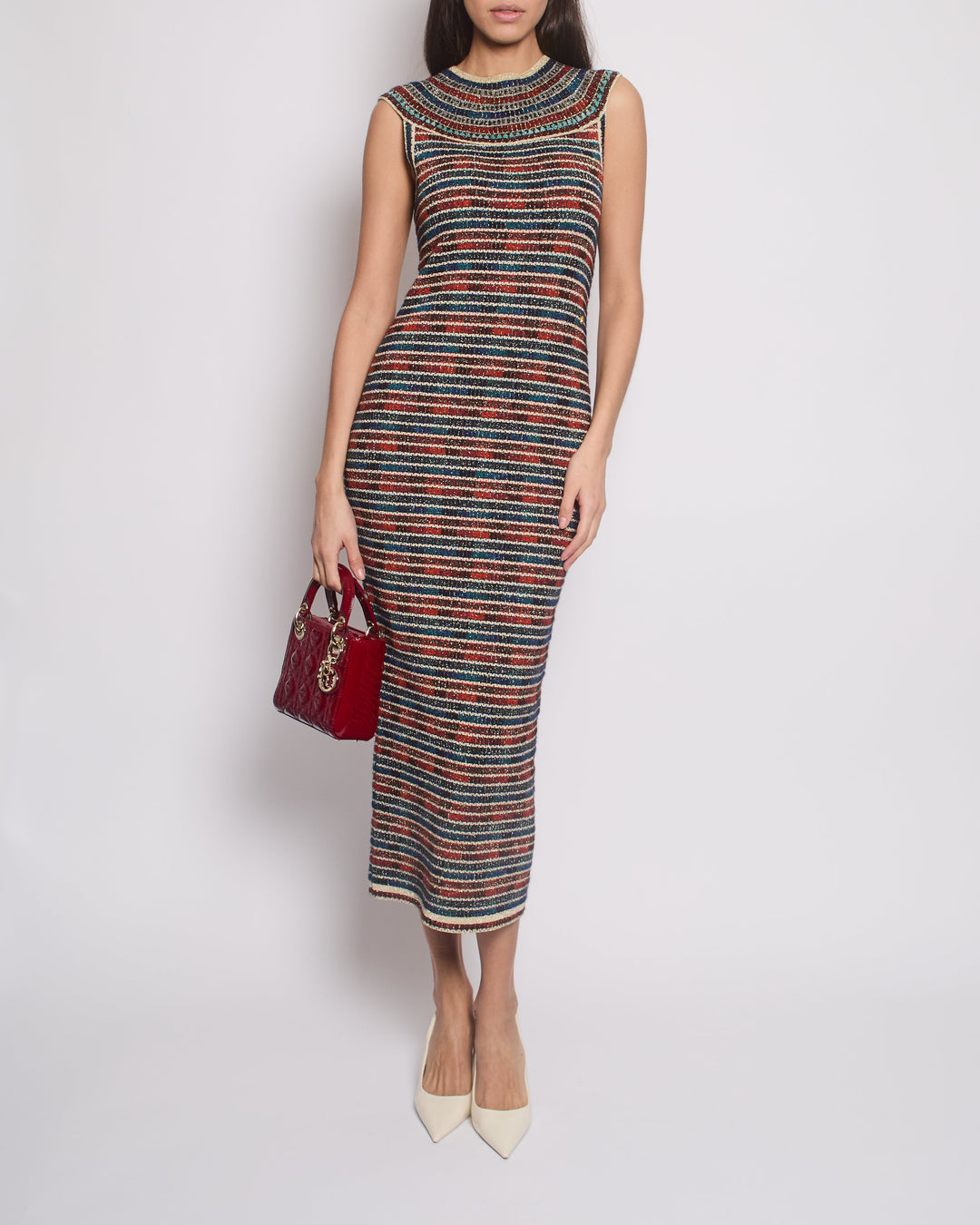 *RARE* Top Quality Chanel 19A Egypt Collection Metallic Gold, Red and Blue Sleeveless Knitted Midi Dress Size FR 34 (UK 6) RRP ¬£2,150