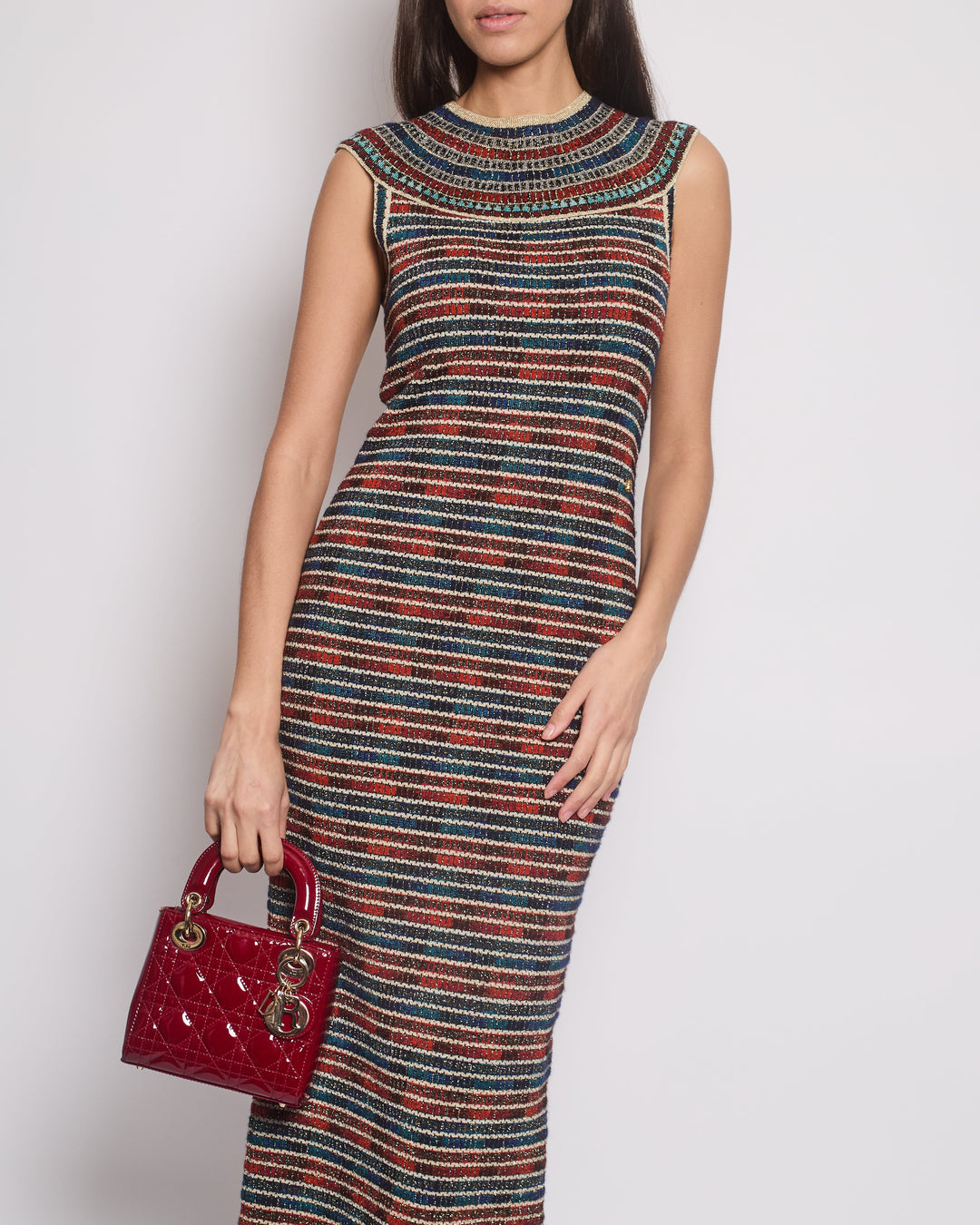 *RARE* Top Quality Chanel 19A Egypt Collection Metallic Gold, Red and Blue Sleeveless Knitted Midi Dress Size FR 34 (UK 6) RRP ¬£2,150