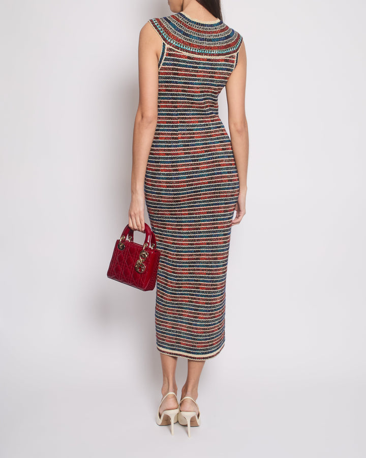 *RARE* Top Quality Chanel 19A Egypt Collection Metallic Gold, Red and Blue Sleeveless Knitted Midi Dress Size FR 34 (UK 6) RRP ¬£2,150