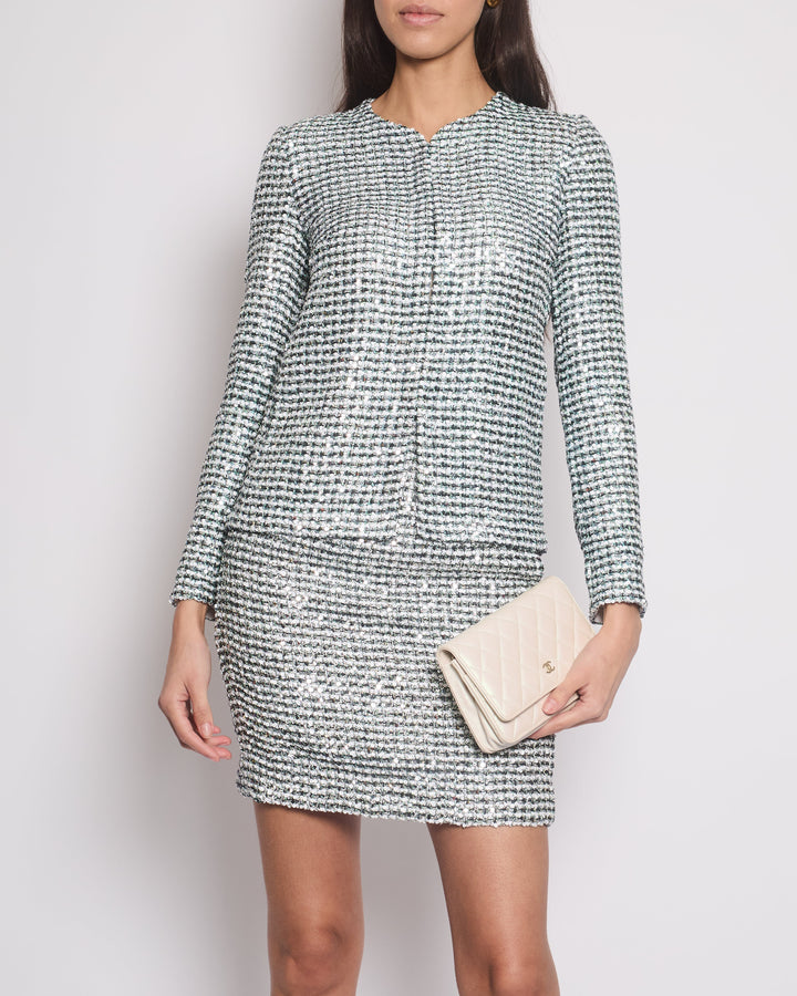 *HOT* Top Quality Chanel 23P Black, White & Metallic Green Sequin Jacket and Skirt Set with CC Button Details Size FR 34/36 (UK 6/8) RRP Jacket ¬£6,500, RRP Skirt ¬£3,800
