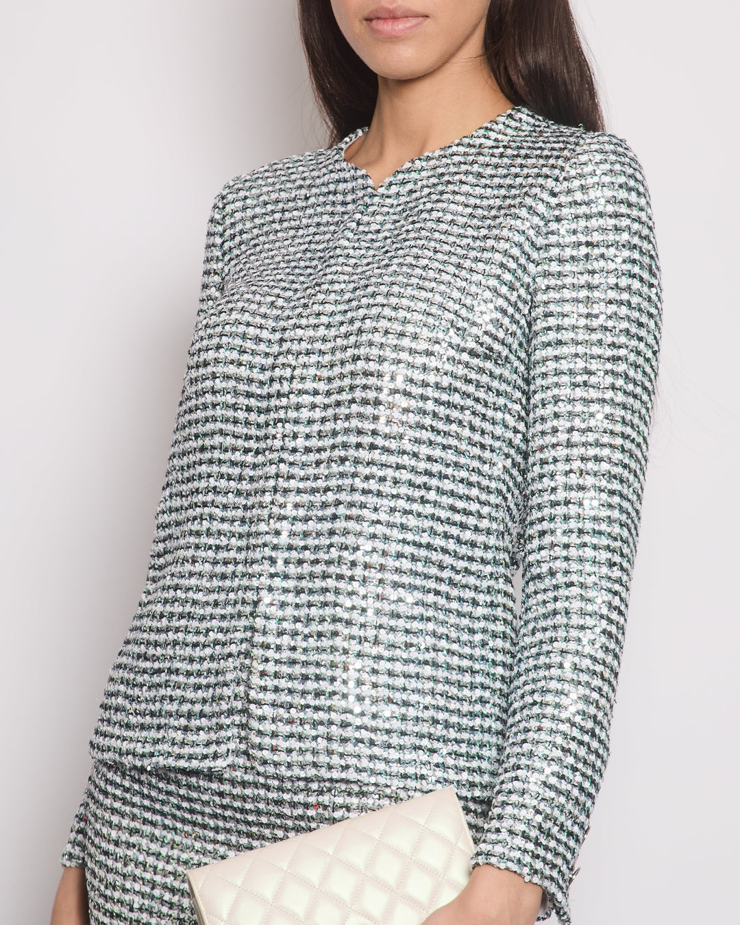 *HOT* Top Quality Chanel 23P Black, White & Metallic Green Sequin Jacket and Skirt Set with CC Button Details Size FR 34/36 (UK 6/8) RRP Jacket ¬£6,500, RRP Skirt ¬£3,800