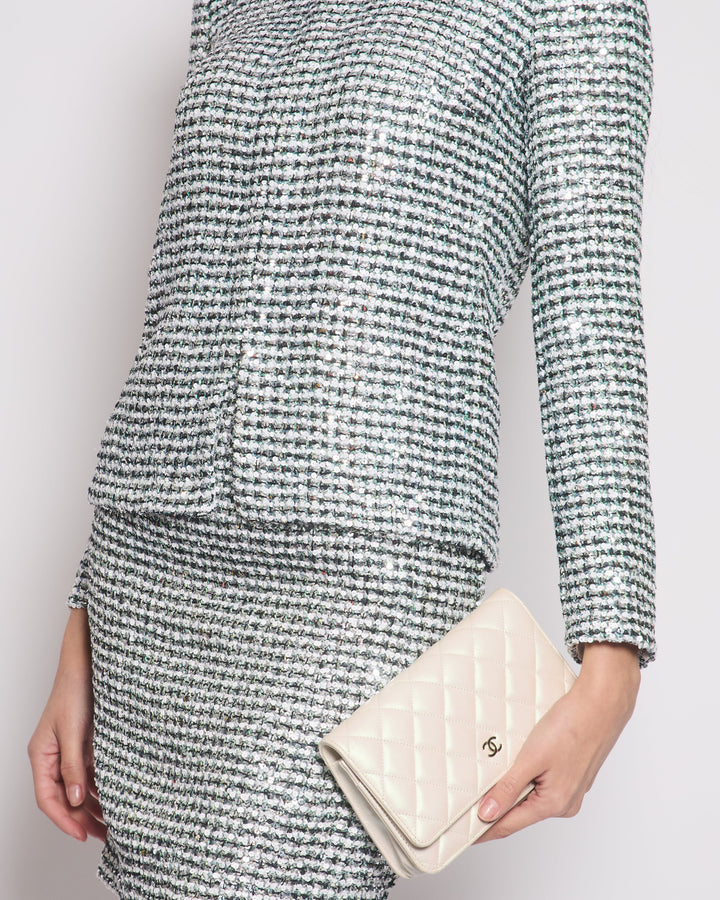 *HOT* Top Quality Chanel 23P Black, White & Metallic Green Sequin Jacket and Skirt Set with CC Button Details Size FR 34/36 (UK 6/8) RRP Jacket ¬£6,500, RRP Skirt ¬£3,800