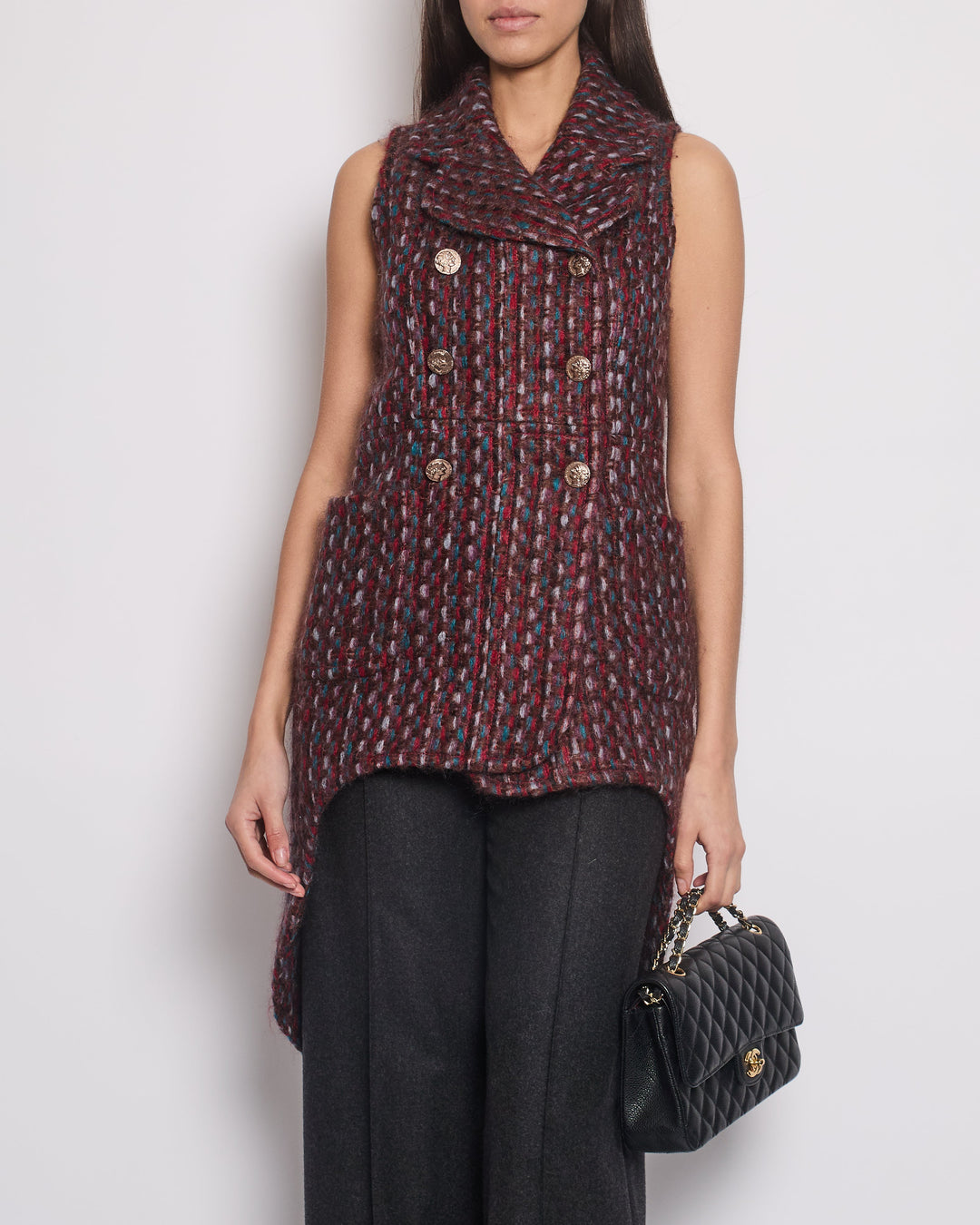 Top Quality Chanel 16P Mohair Red & Blue Tweed Gilet Jacket With Bronze Button Detail Size FR 36 (UK 8)