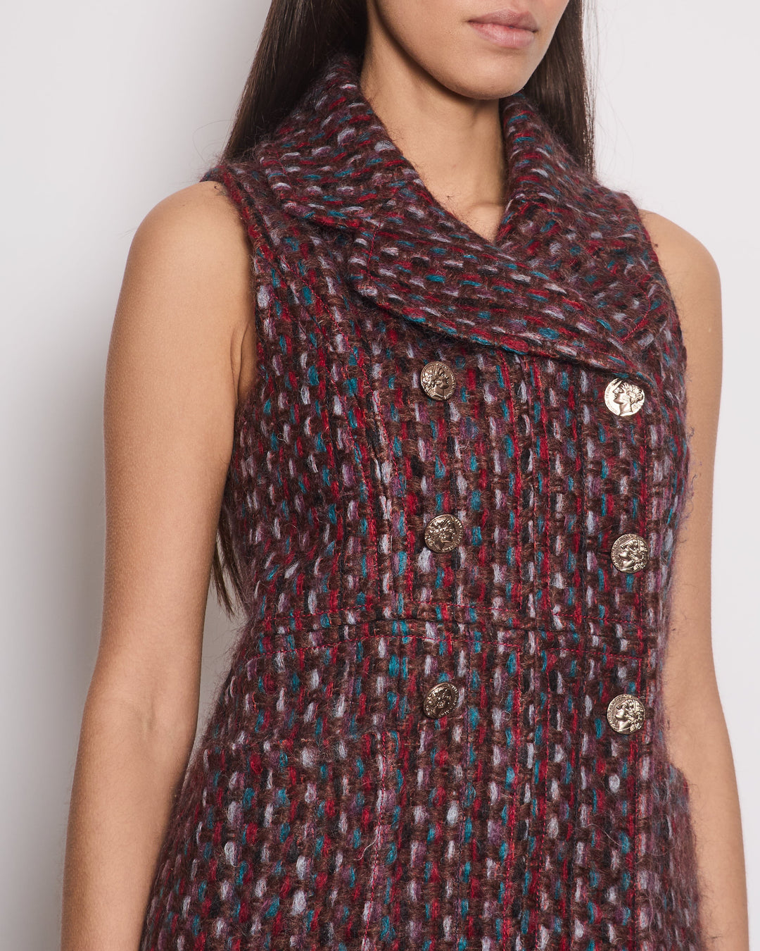 Top Quality Chanel 16P Mohair Red & Blue Tweed Gilet Jacket With Bronze Button Detail Size FR 36 (UK 8)