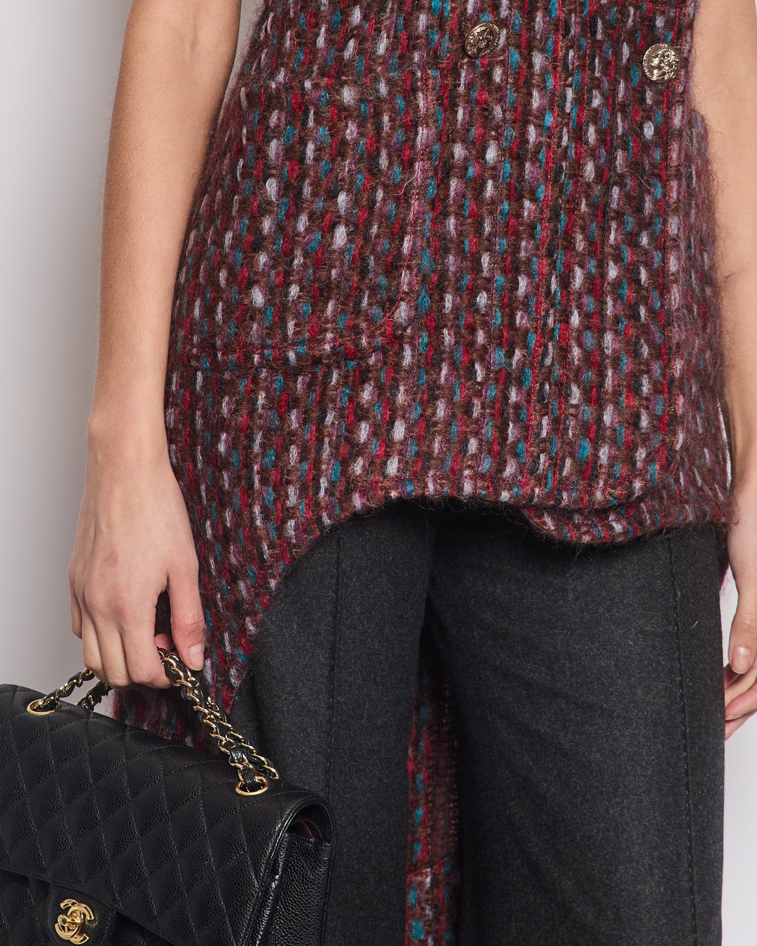 Top Quality Chanel 16P Mohair Red & Blue Tweed Gilet Jacket With Bronze Button Detail Size FR 36 (UK 8)