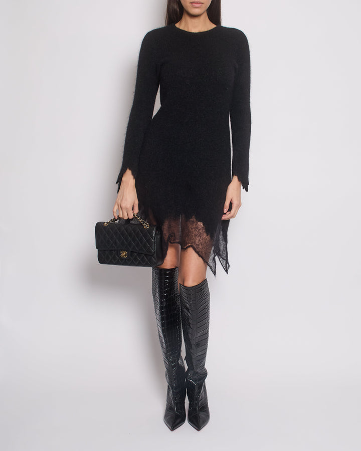 Top Quality Chanel Black Round Neck Long Sleeve Mohair Midi Dress Size FR 36 (UK 8)