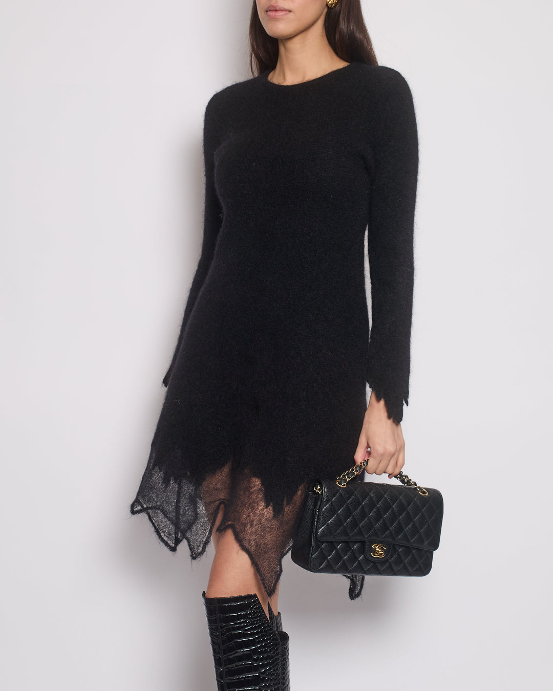 Top Quality Chanel Black Round Neck Long Sleeve Mohair Midi Dress Size FR 36 (UK 8)