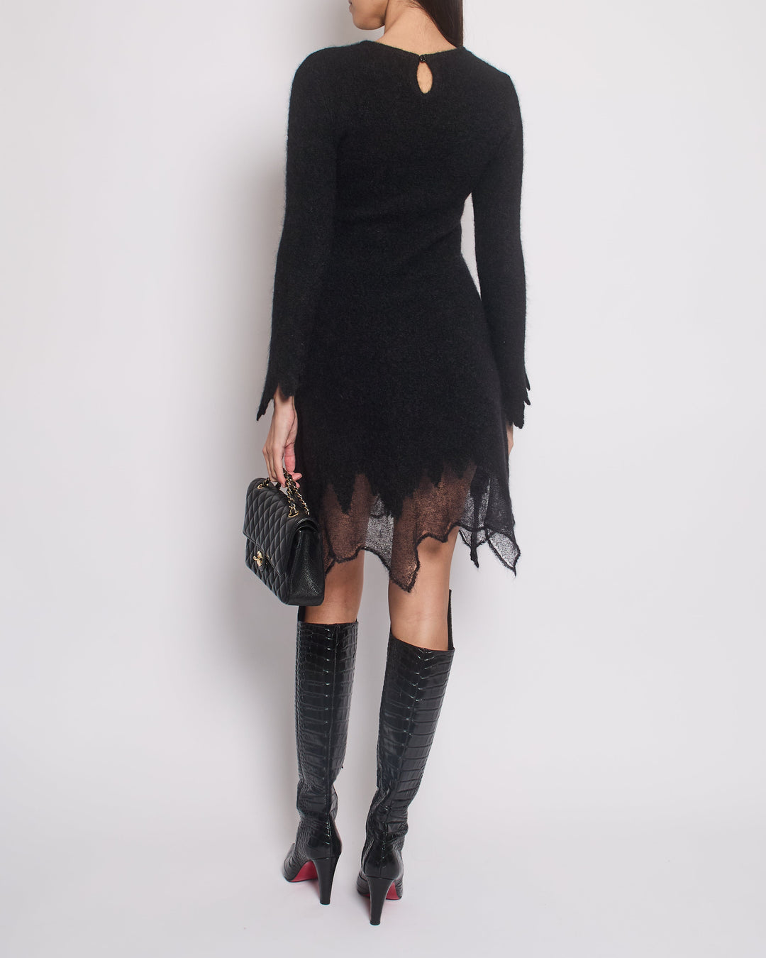 Top Quality Chanel Black Round Neck Long Sleeve Mohair Midi Dress Size FR 36 (UK 8)