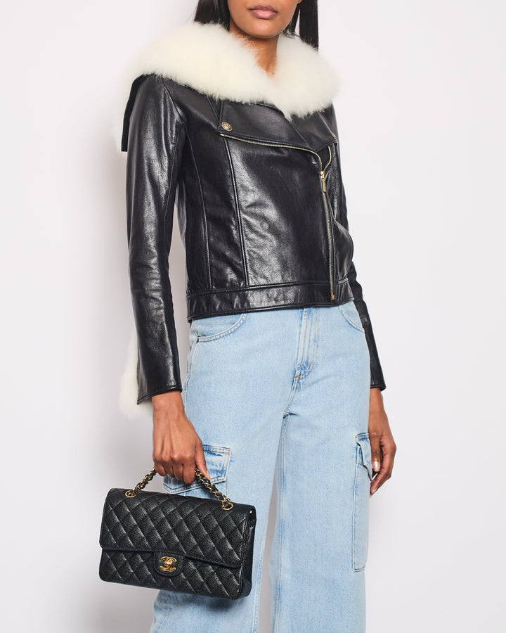 Top Quality Chanel Black Leather Asymmetric Jacket with White Fur Details and Logo Buttons Detail Size FR 34 (UK 6)