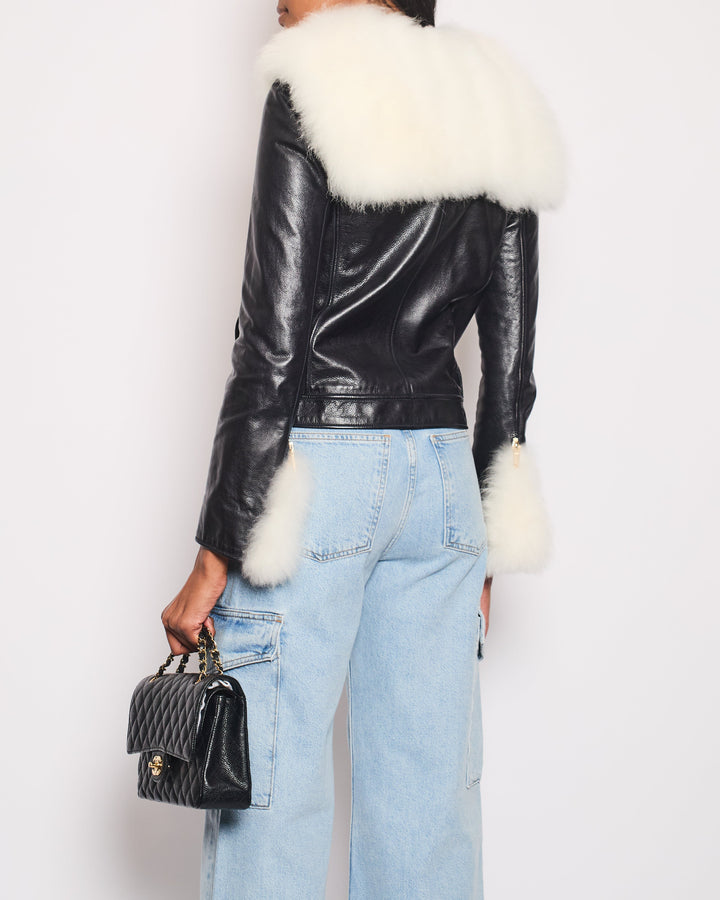 Top Quality Chanel Black Leather Asymmetric Jacket with White Fur Details and Logo Buttons Detail Size FR 34 (UK 6)