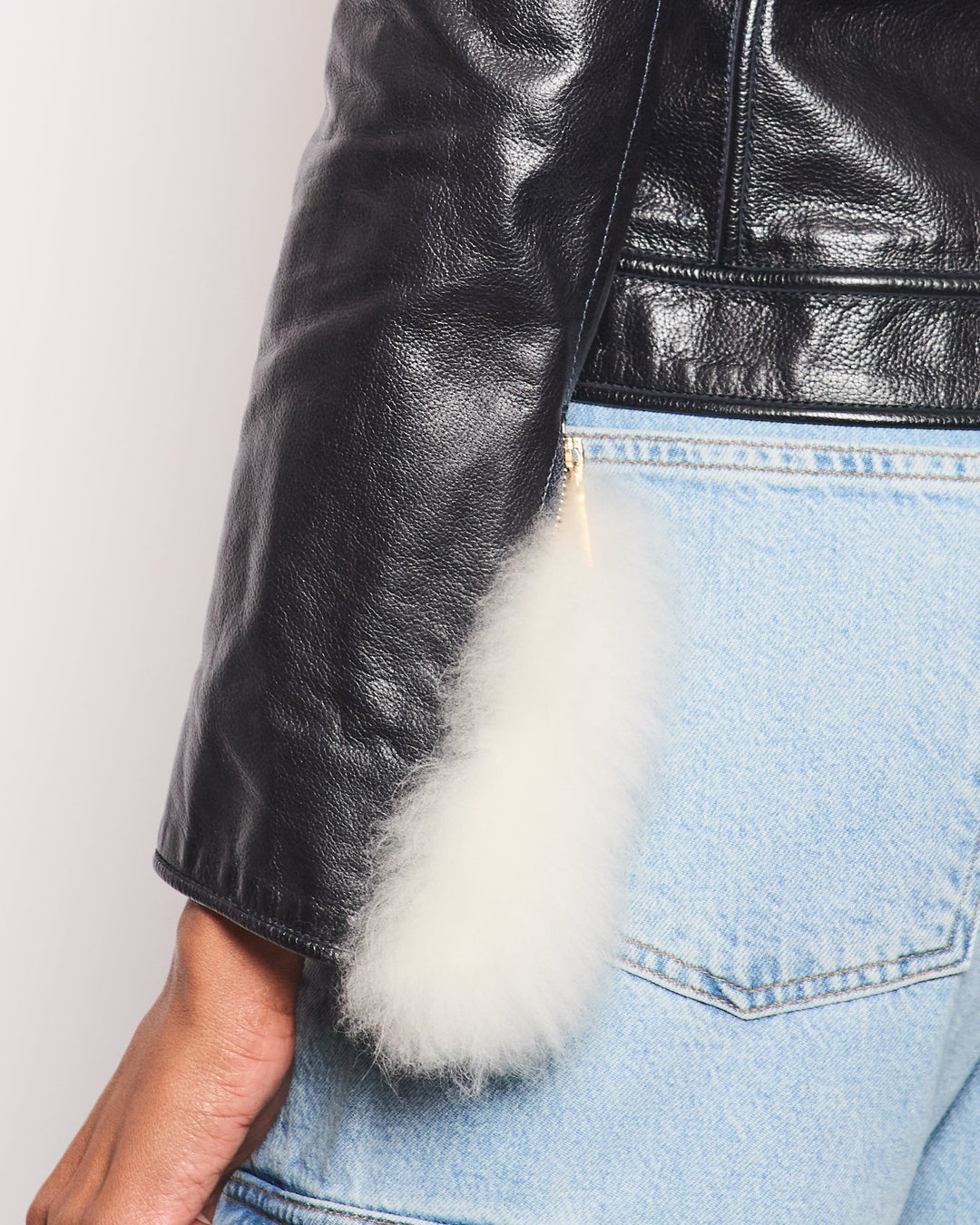 Top Quality Chanel Black Leather Asymmetric Jacket with White Fur Details and Logo Buttons Detail Size FR 34 (UK 6)