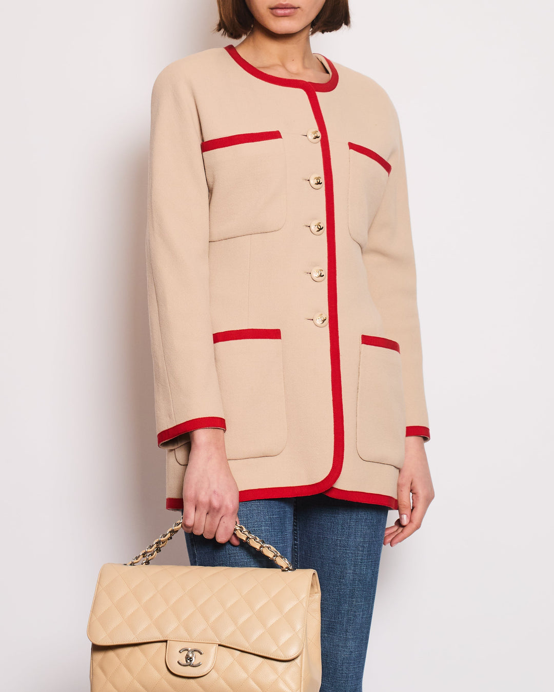 Top Quality Chanel Vintage Wool Beige and Red Jacket with Gold CC Button Details Size FR 38 (UK 10)