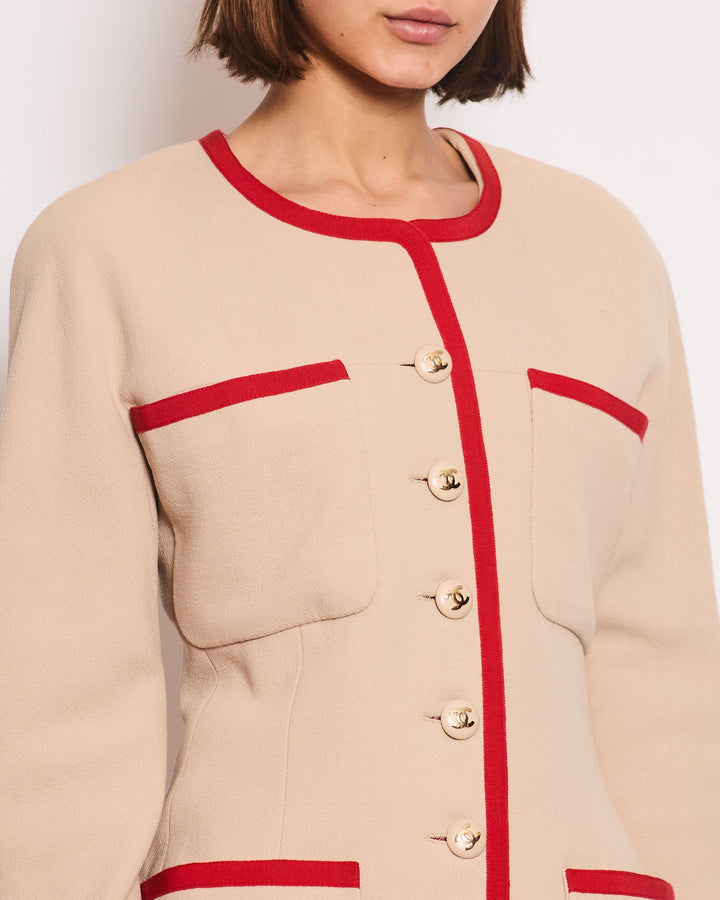Top Quality Chanel Vintage Wool Beige and Red Jacket with Gold CC Button Details Size FR 38 (UK 10)