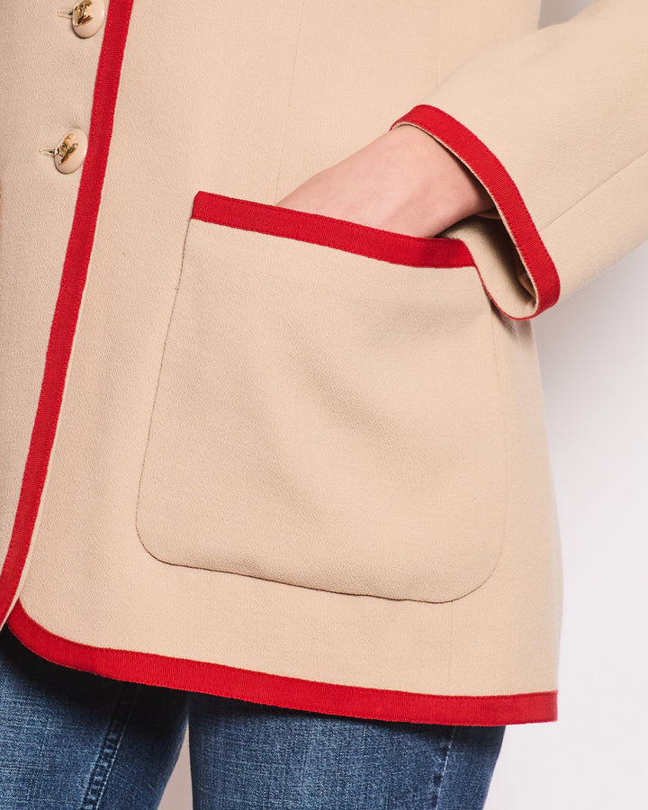 Top Quality Chanel Vintage Wool Beige and Red Jacket with Gold CC Button Details Size FR 38 (UK 10)