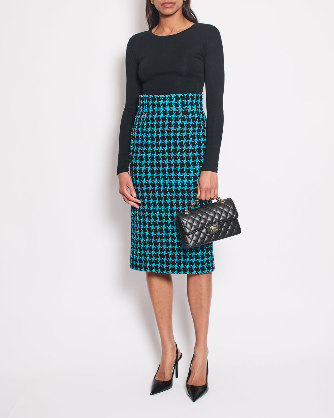 Top Quality Chanel 07/A Turquoise Houndstooth Pencil Skirt Size FR 36 (UK 8)