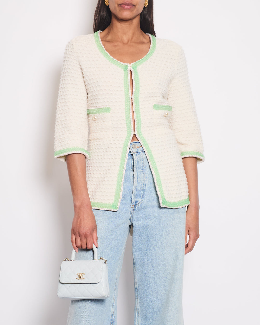 Top Quality Chanel Cream Cashmere Belted igan With Lilac & Green Woven Trim and Pearl Details Size FR 42 (UK 14)
